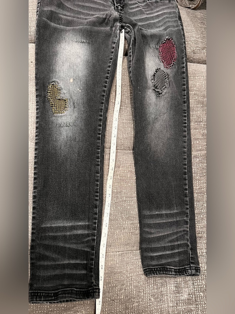 Men's Black Washed Skinny Jeans with Colored Patch Accents
